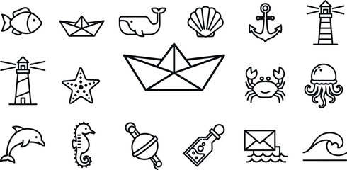 Collection of black and white line depicting marine life and nautical fish paper boat whale seashell © GR Graphics