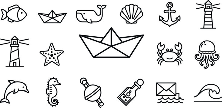 Collection of black and white line depicting marine life and nautical fish paper boat whale seashell