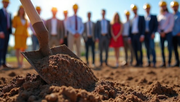 Shovel with dirt ready for groundbreaking. Group of people in hard hats blurred background. Sunny day start construction project. New building development beginning.