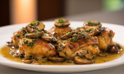 Plated chicken with mushrooms and herbs in rich sauce, ready to serve © TheoTheWizard