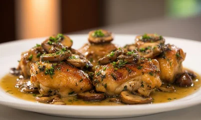 Plated chicken with mushrooms and herbs in rich sauce, ready to serve © TheoTheWizard