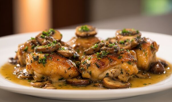 Plated chicken with mushrooms and herbs in rich sauce, ready to serve