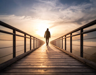Fototapeta premium Man silhouette walking on bridge at sunrise