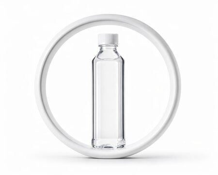 one tall bottled water with subtle square profile and crystal clear liquid standing inside a smooth circular white frame composition on white background contemporary wellness branding concept