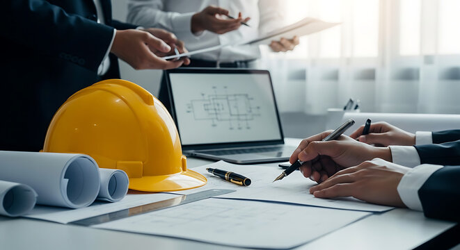 Engineering and architecture professionals collaborate on building project development plans