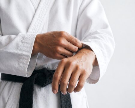A close-up shot of a person in a white karate gi with a black belt, adjusting their sleeve.