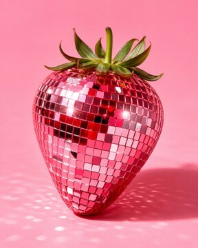Strawberry transformed into a red mirrored disco mosaic ornament on a pink studio background. AI generative