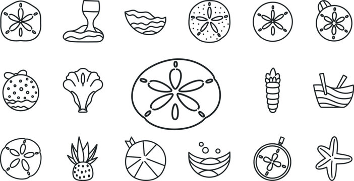 Collection of black and white line featuring beach and summer related sand dollar seashell starfish