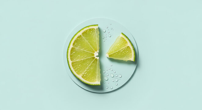 Lime wedges on a light blue plate with water droplets on surface