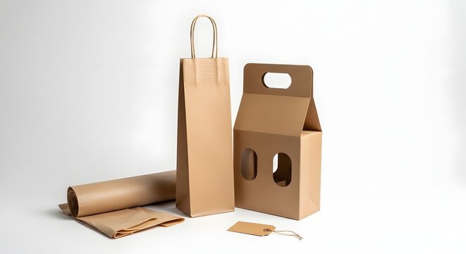 Cardboard wine carriers and packaging components on a white surface