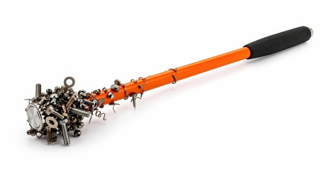 orange magnetic pickup wand covered with collected metal foreign object debris bolts washers cotter pins and drill shavings on white background three quarter angle