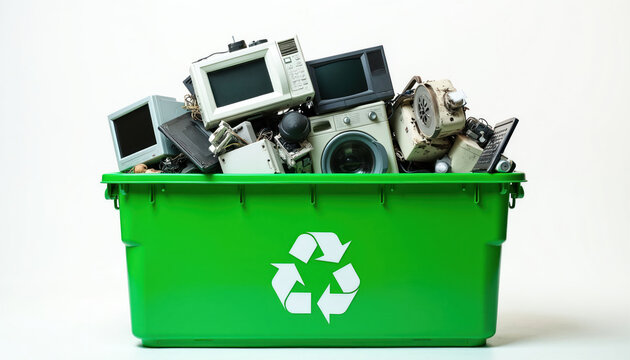 Green recycling bin overflows with old electronic gadgets like monitors computers and appliances. Discarded tech equipment piles up for proper disposal and eco-friendly reuse.