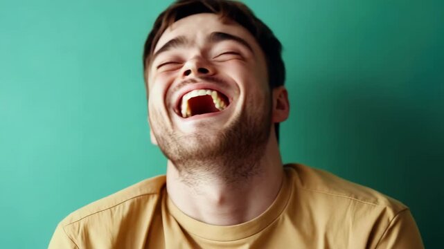 Smiling young man laughing with his eyes closed, enjoying good company and a light-hearted moment.