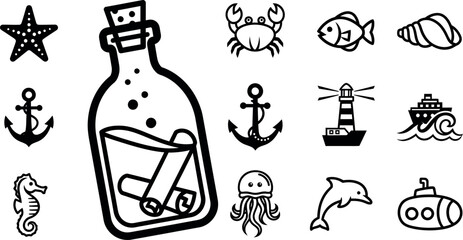 Obraz premium Collection of black and white marine life and nautical on white background, starfish message in, a bottle