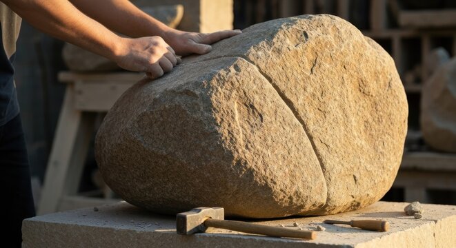 Sculptor carefully chisels a large rock, creating a detailed sculpture outdoors
