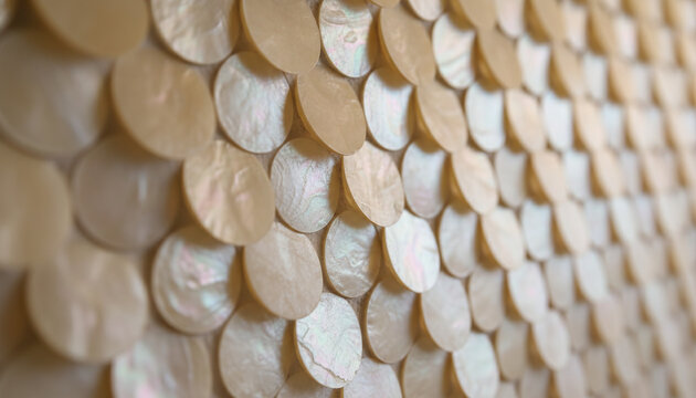 Capiz shell mosaic wall tiles texture with warm pearlescent nacre reflection