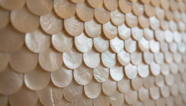 Capiz shell mosaic wall tiles texture with warm pearlescent nacre reflection