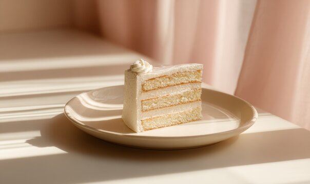 Delicate cake slice in warm light with soft pink curtains behind