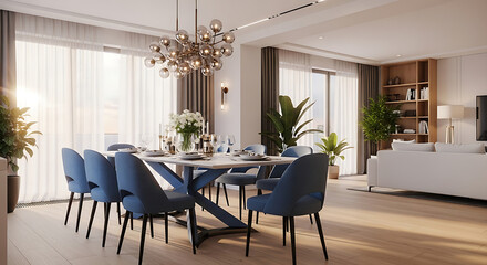 Fototapeta premium Elegant open-plan dining and living room with modern decor, bathed in natural sunlight