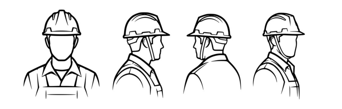 Set of simple line art illustrations of a worker wearing a hard hat from front, side, back, and profile views
