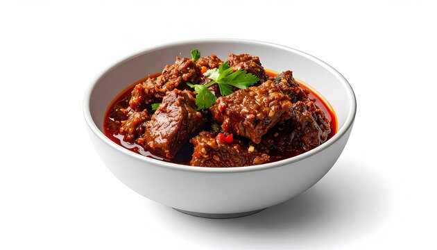 Bowl of rich Indonesian beef stew rendang or gulai isolated on white background representing spicy Asian comfort food