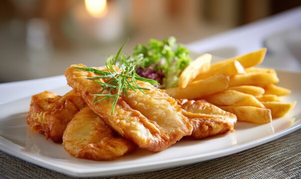 Crispy fried fish and chips with fresh herb garnish on white plate