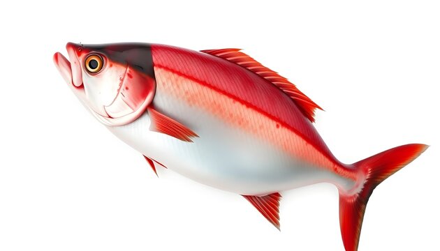 Realistic illustration of a streamlined fish with vivid red upper body and fins, silvery-white underside, dark patch near head, detailed scales and fins, plain white background, HD marine anatomy styl