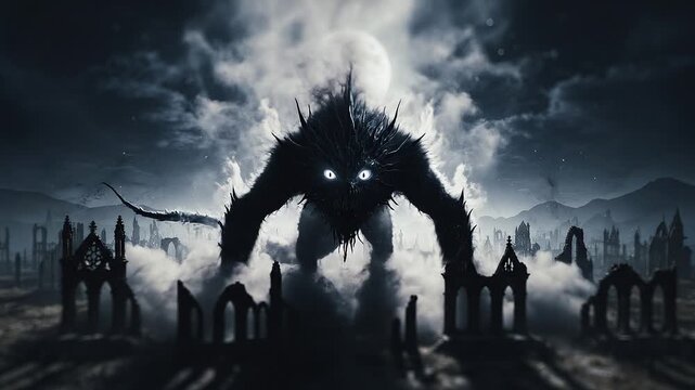 Dark fantasy creature in graveyard.
