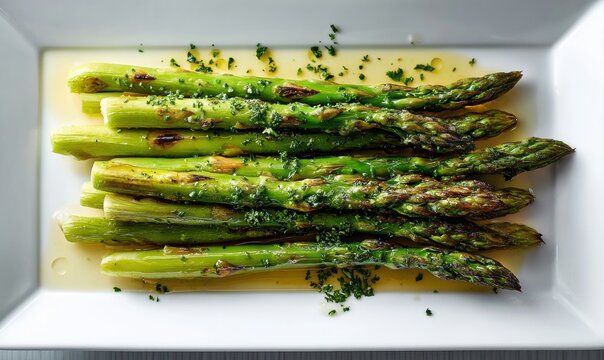 Grilled green asparagus with herb seasoning served on rectangular dish