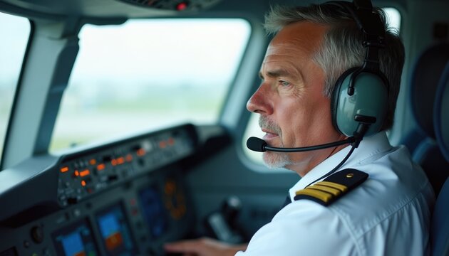 Airline captain in uniform talks on radio headset in aircraft cockpit. Pilot operates controls, monitors dashboard displays during flight. Professional man flies plane, manages air traffic.