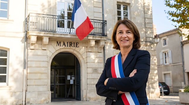 Smiling mature woman, a French elected official, confidently poses with her tricolor sash outside a historic Mairie building.
