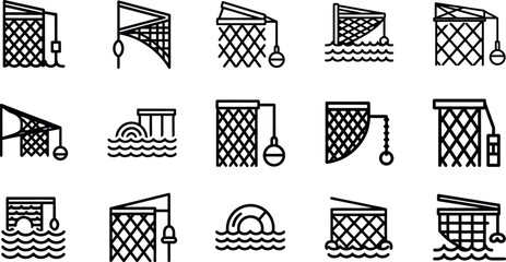 Collection of black line depicting fishing nets and water ocean © GR Graphics