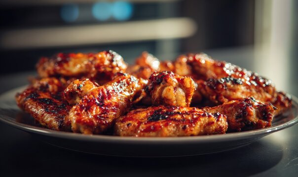 Close-up of grilled chicken wings with glossy sauce on dark surface
