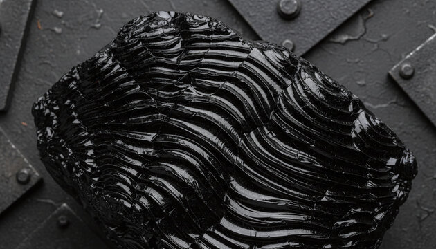 Raw black Obsidian volcanic glass texture with sharp conchoidal fracture lines