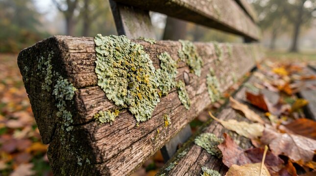 Moss and lichen growing on wooden bench in autumn park