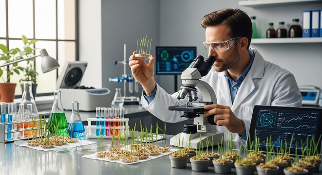 Male Scientist Researching Plant Growth Using Microscope in Modern Agr