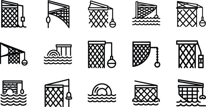 Collection of black line depicting fishing nets and water ocean