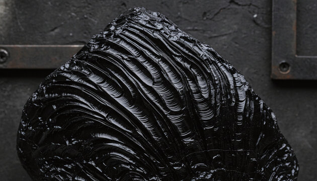 Raw black Obsidian volcanic glass texture with sharp conchoidal fracture lines