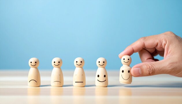 Hand picking happy wooden peg among emotional faces, concept of mood progression and positive choice.