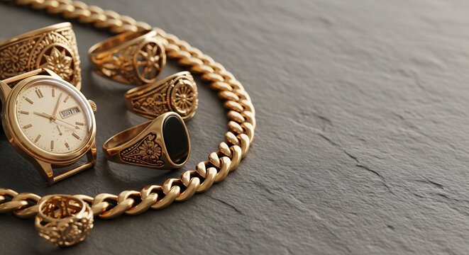 Men's Luxury Gold Jewelry Set with Ornate Rings Wristwatch and Curb Ch