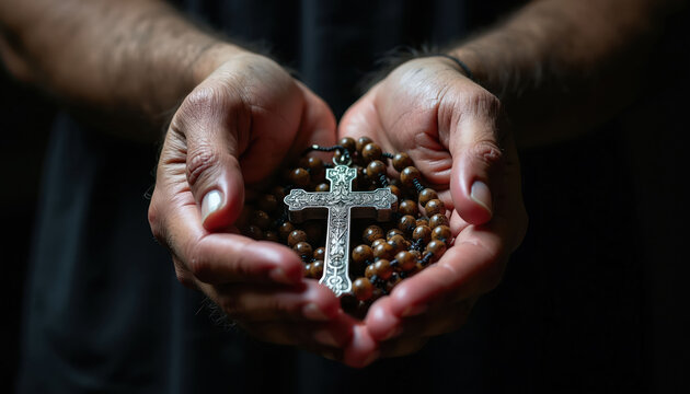 Man hands hold wooden rosary beads with crucifix cross. Male person in prayer, spiritual devotion, faith belief, religious worship. Catholic christianity hope symbolism.