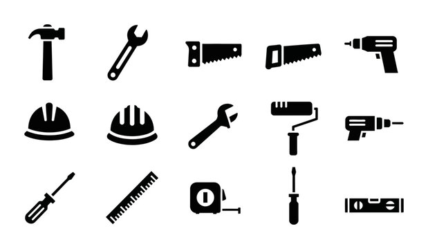 15 Construction icons hammer wrench saw drill helmet, outline solid styles, UI and web interface design