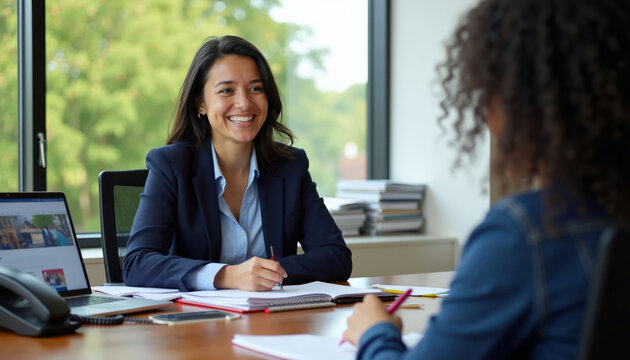 Young woman advisor smiles warmly during a college counseling session with a student. They sit at a desk in an office with laptops and notebooks, discussing future plans and education.
