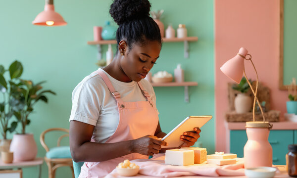 Soapmaking artisan tablet Black woman in pink overalls crafting handmade soaps in a vibrant studio using digital instructions