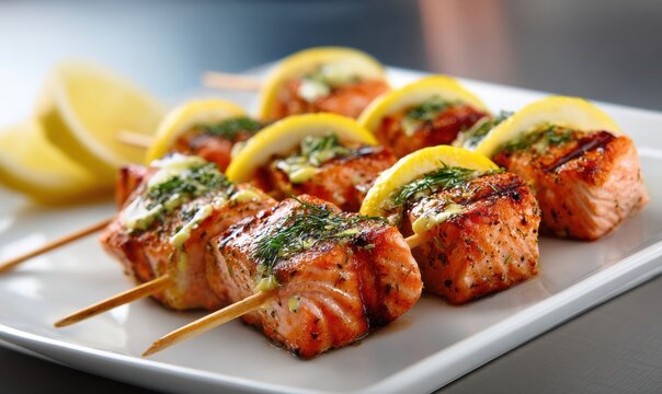 Salmon kabobs with lemon and herbs on white plate