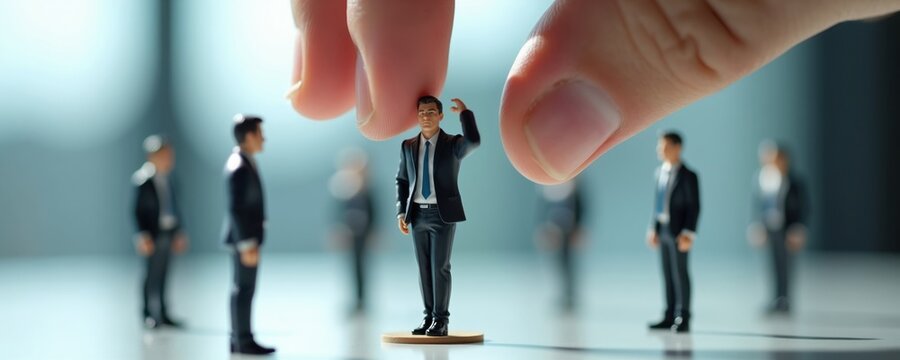 Giant finger picks tiny businessman from group. Human resource choice, hiring process, talent selection, career development concept. Team building, dismissal, job search.