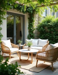 Fototapeta premium Outdoor seating area with light wood furniture and white cushions. Vines and greenery surround the patio space. Perfect for relaxation, summer enjoyment and alfresco dining.