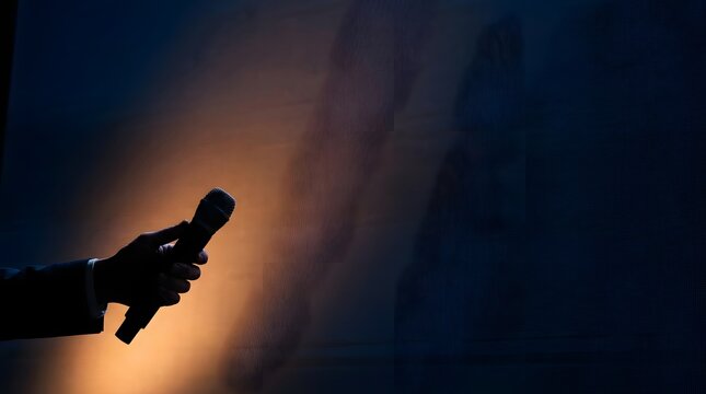 Person Holding Microphone in Dark Setting with Abstract Background
