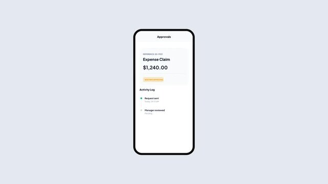 Employee expense claim reimbursement process being reviewed and approved by manager on smartphone interface