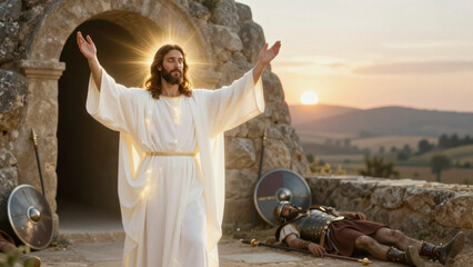 Fototapeta premium Jesus stands with arms raised near a tomb.. Jesus of Nazareth, Bible scenes